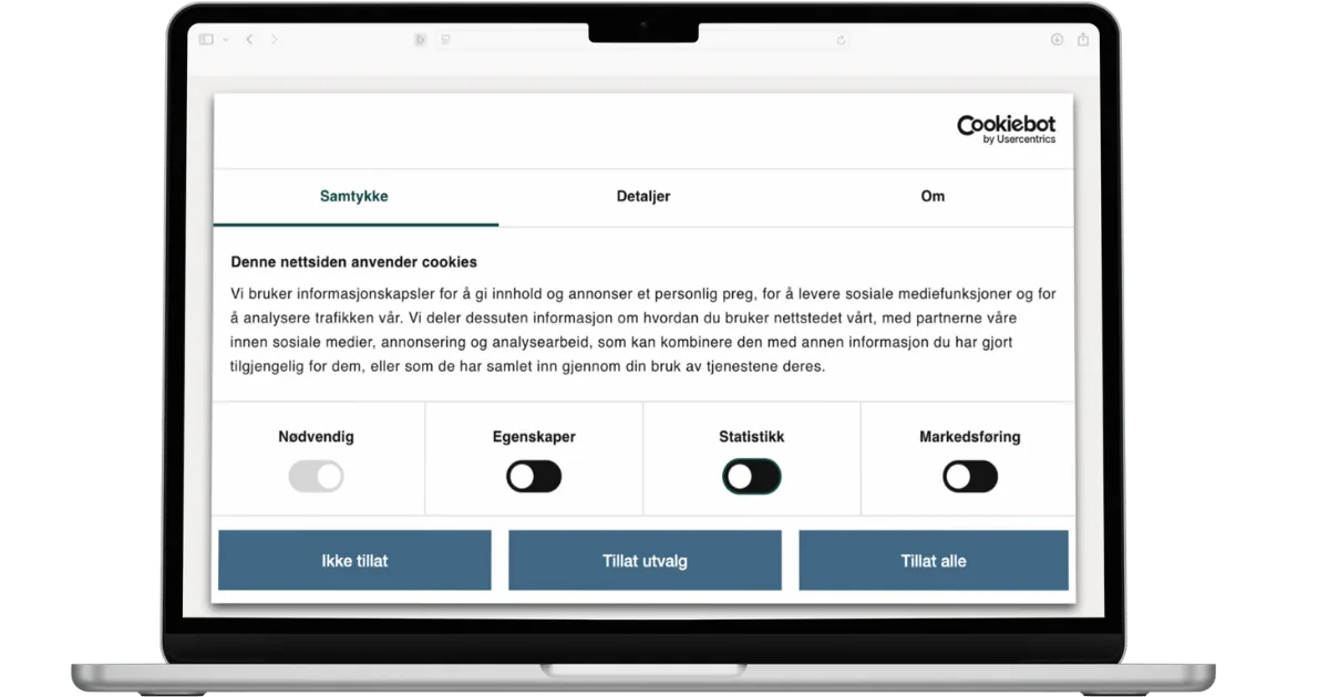 Cookie-banner med granulert samtykke. Funksjonalitet, analyse og markedsføring må kunne hukes av hver for seg, ikke kun samlet.